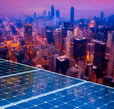 Solar panel over cityscapes, solar power green energy for life concept,
